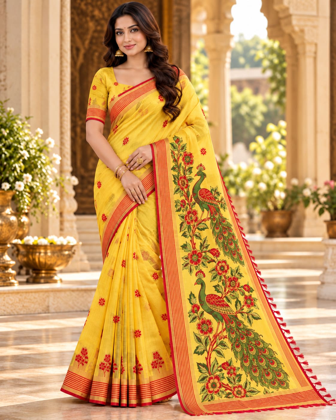 Mustard Yellow Peacock Pallu Festive Saree, view 6 of 8