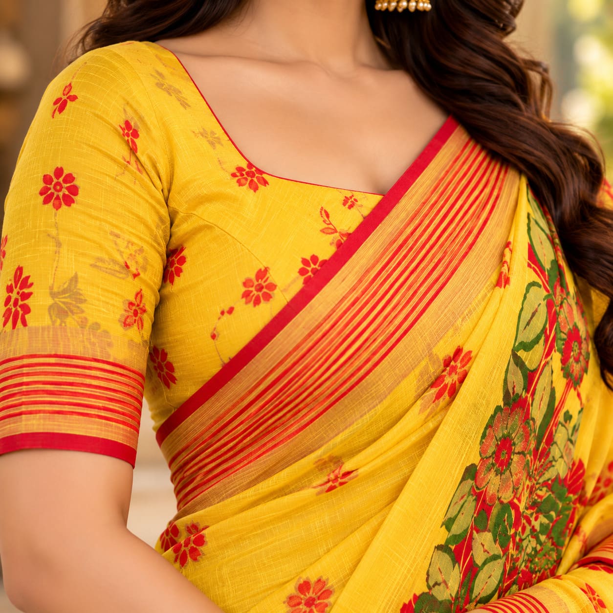 Mustard Yellow Peacock Pallu Festive Saree, view 7 of 8