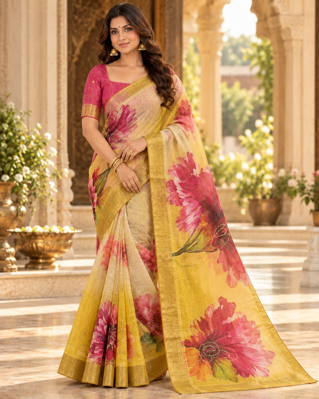 Mustard Yellow Golden Garden Festive Saree, view 6 of 9