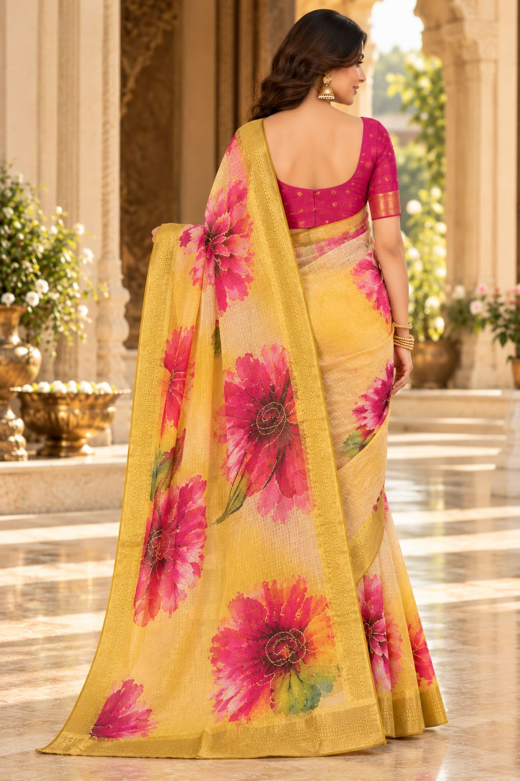 Mustard Yellow Golden Garden Festive Saree, view 7 of 9