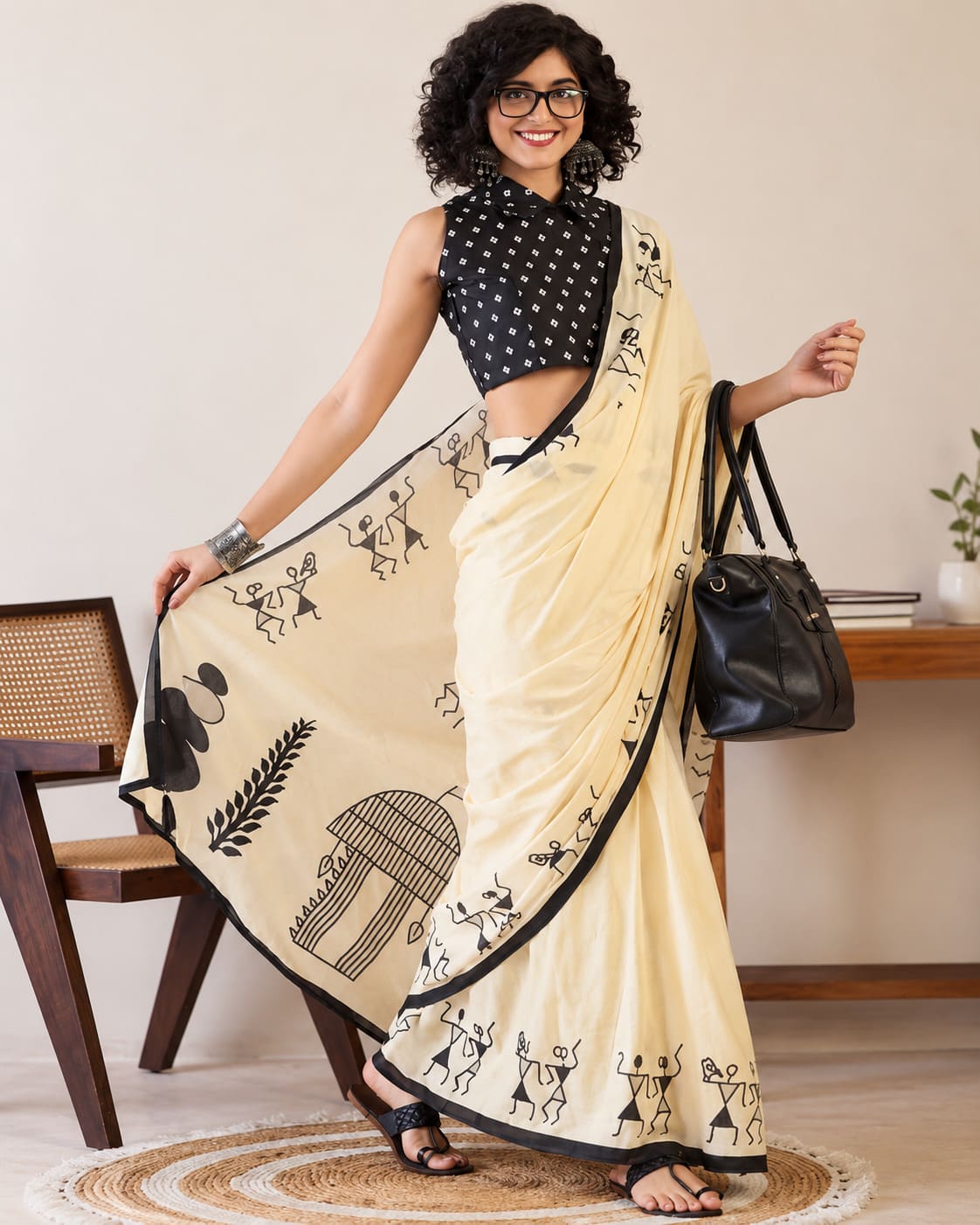 Ivory Warli Art Festive Saree with Black Border
