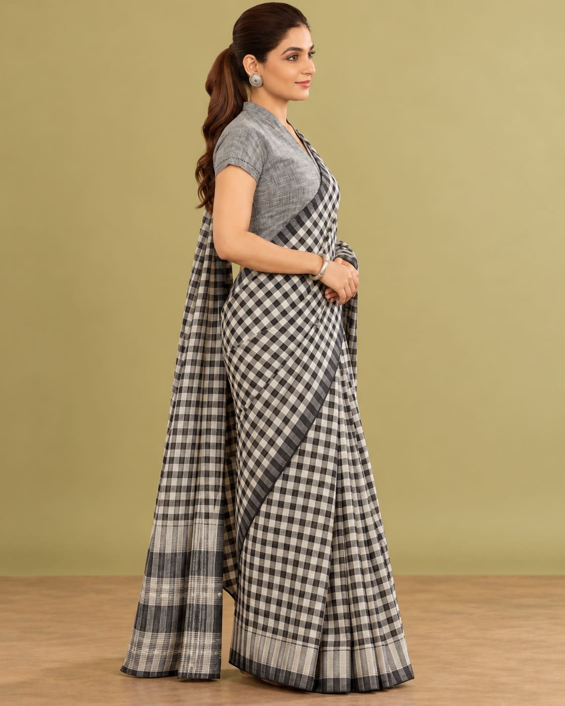 Black & Grey Classic Check Saree with Striped Pallu, view 8 of 9