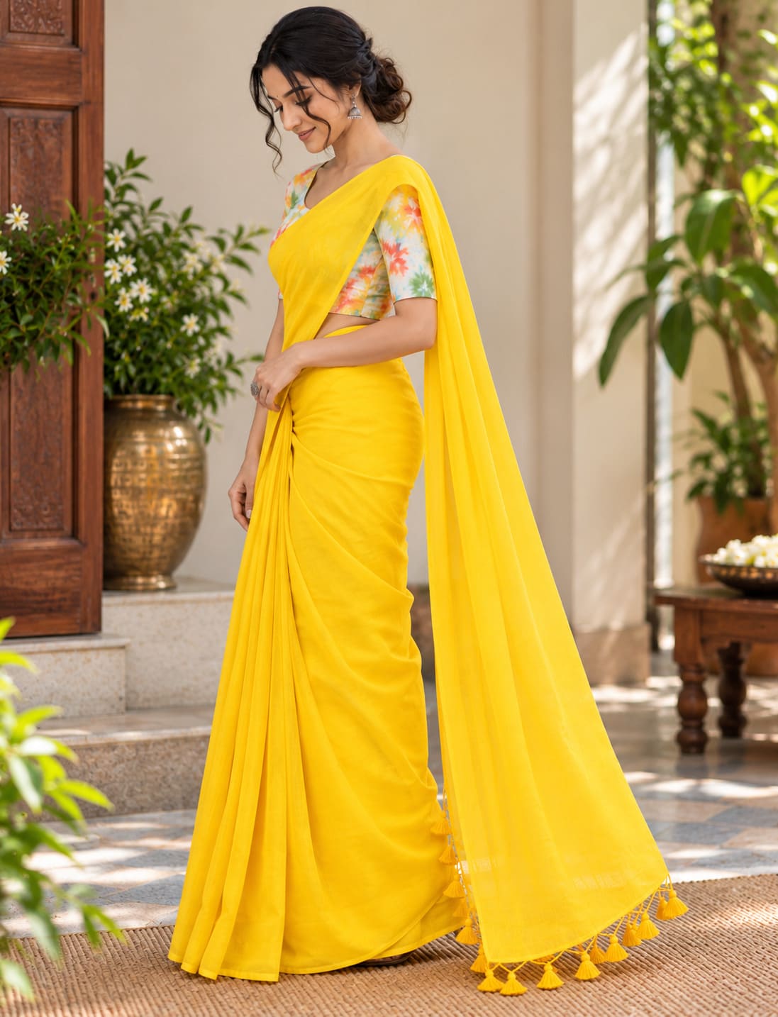 Bright Yellow Tassel Pallu Festive Saree with Floral Blouse, view 7 of 8