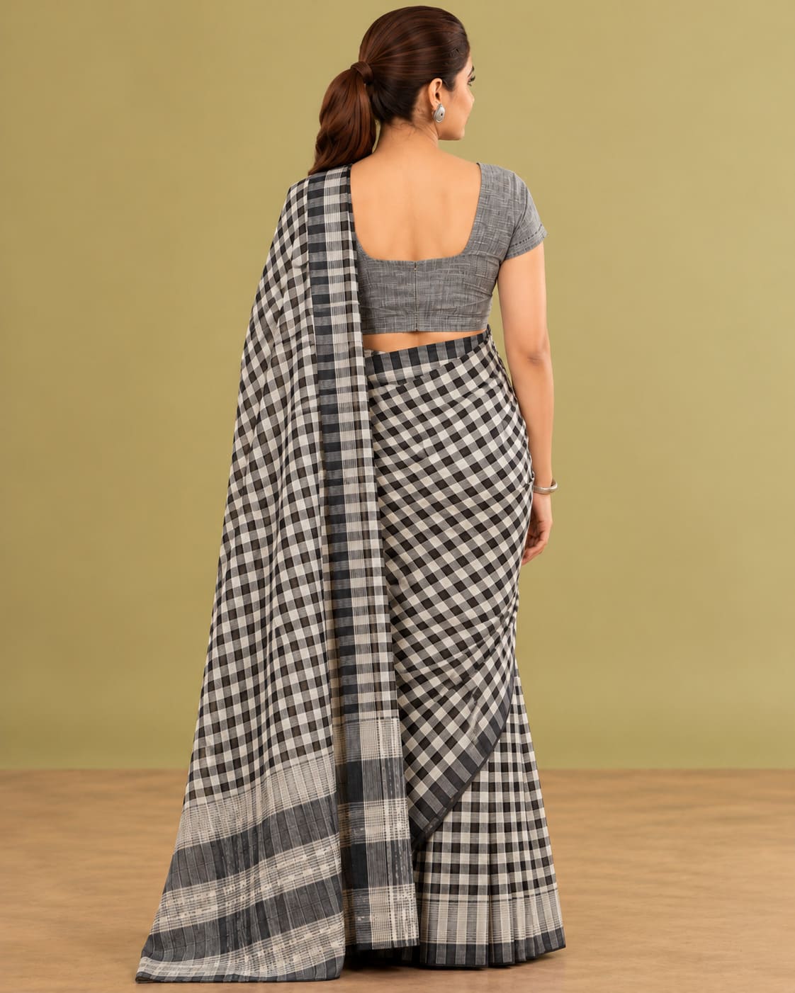 Black & Grey Classic Check Saree with Striped Pallu, view 7 of 9