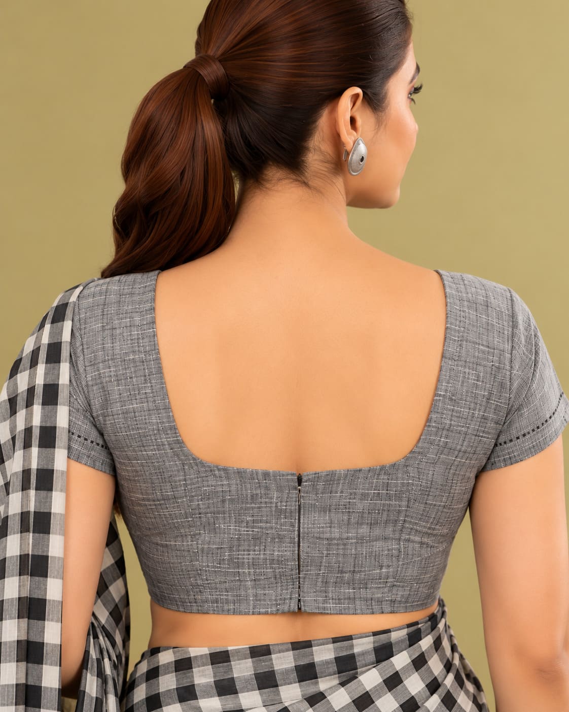 Black & Grey Classic Check Saree with Striped Pallu, view 9 of 9