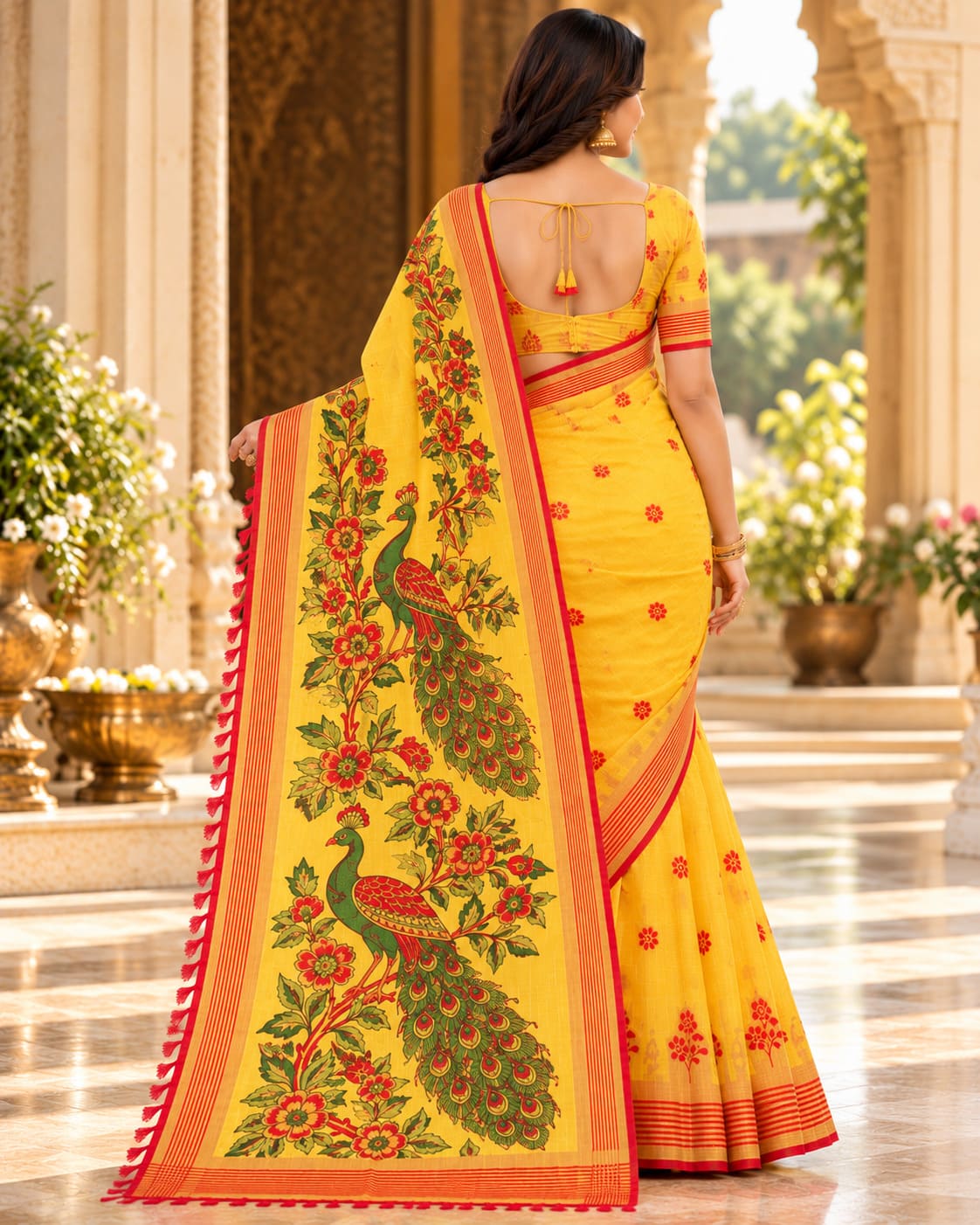 Mustard Yellow Peacock Pallu Festive Saree, view 8 of 8
