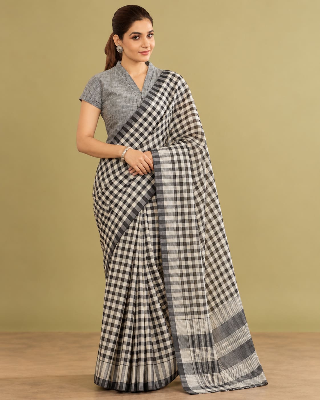 Black & Grey Classic Check Saree with Striped Pallu, view 6 of 9