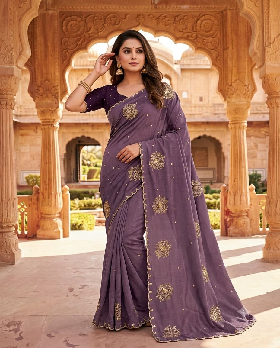 Royal Mauve Golden Blossom Festive Saree, view 6 of 8