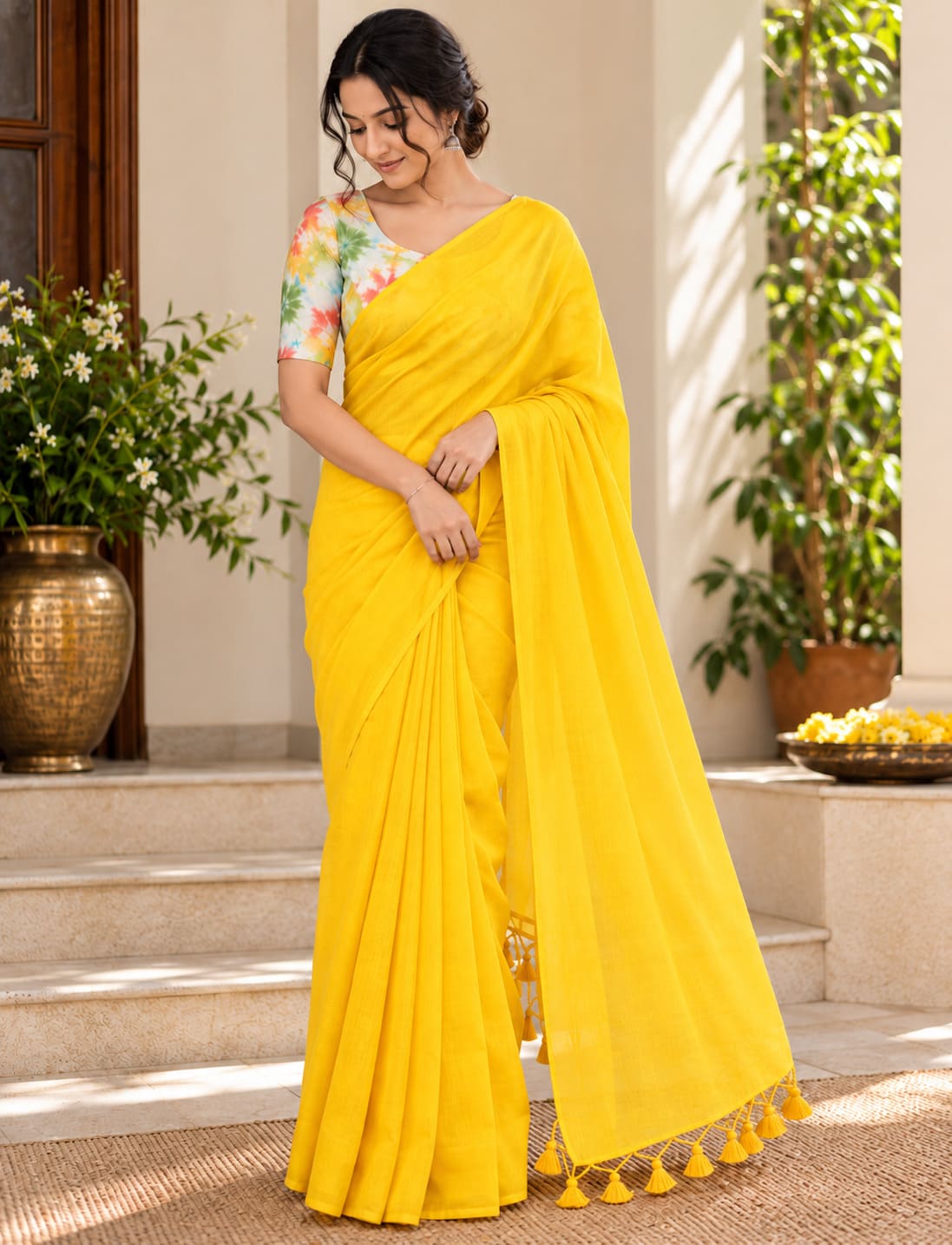 Bright Yellow Tassel Pallu Festive Saree with Floral Blouse, view 6 of 8