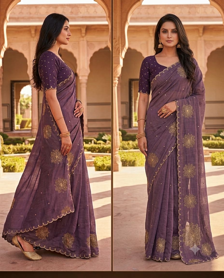 Royal Mauve Golden Blossom Festive Saree, view 7 of 8