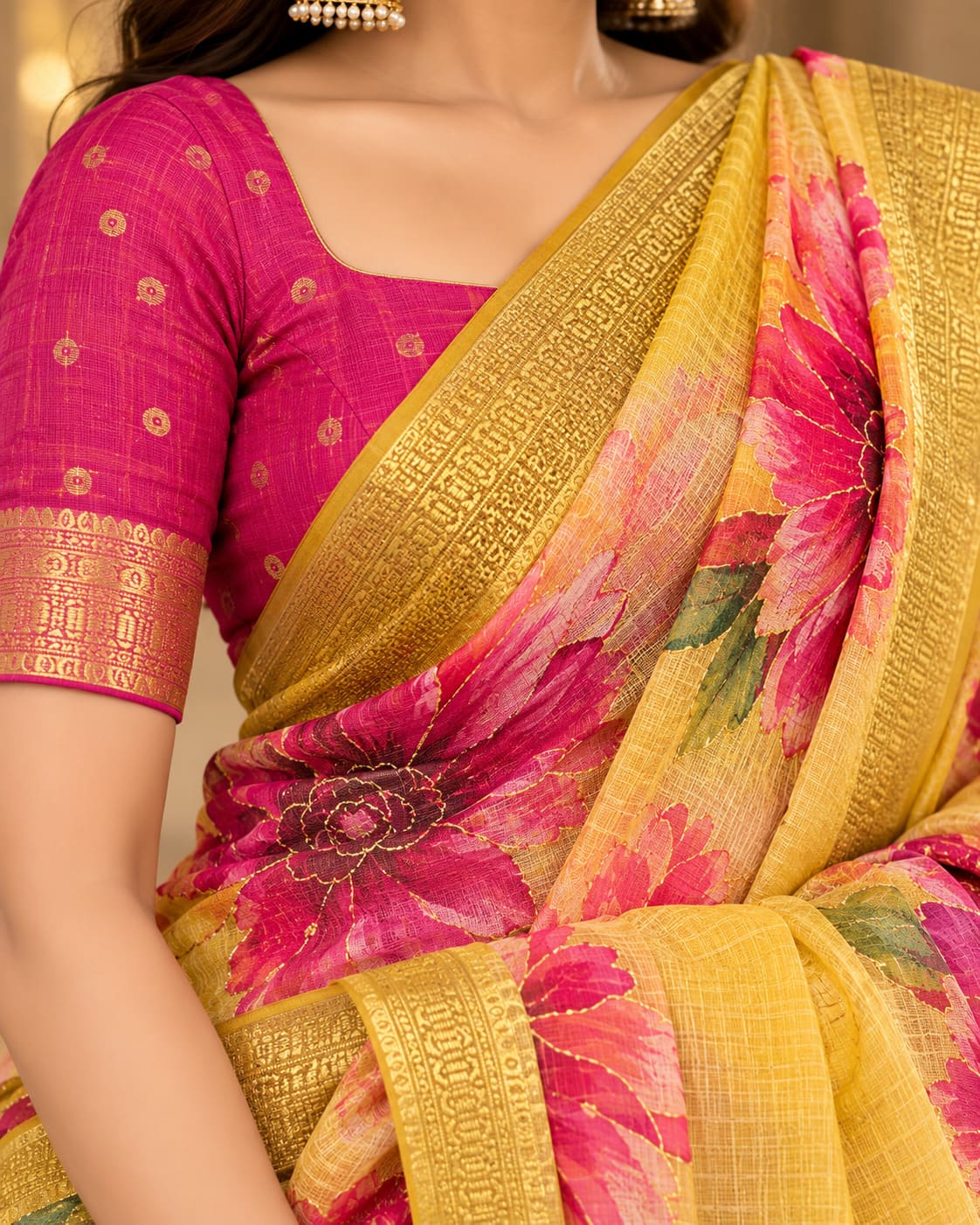 Mustard Yellow Golden Garden Festive Saree, view 8 of 9