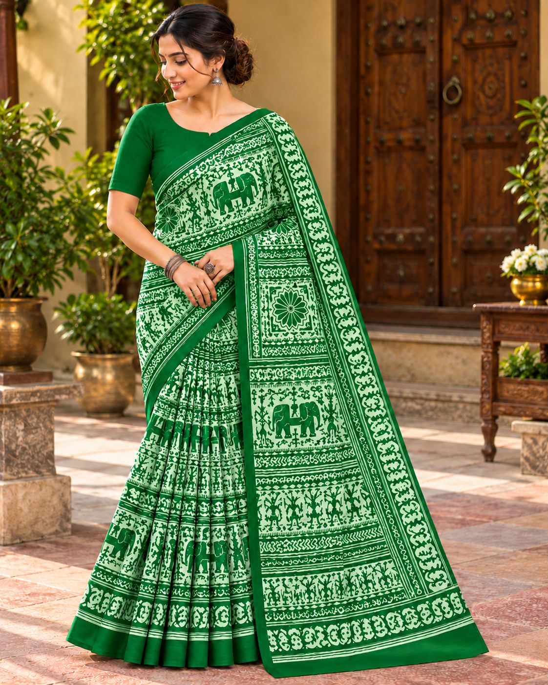 Light Green & White Utsav Kalamkari Elephant Saree, view 6 of 7