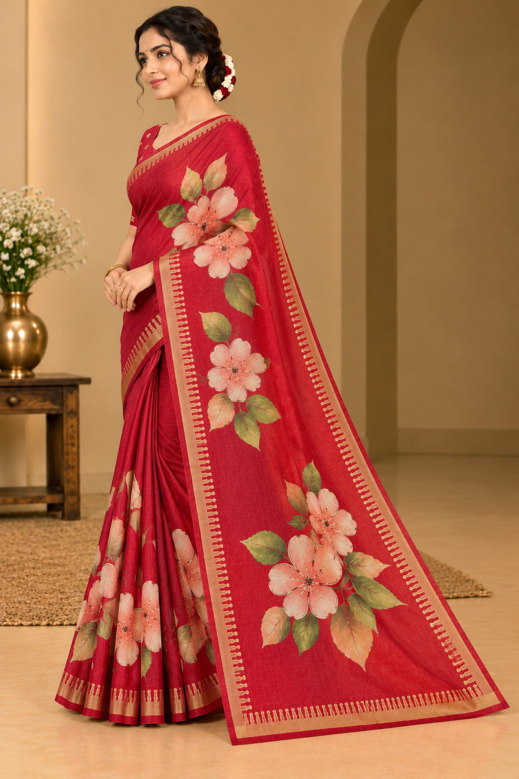 Cherry Red Festive Bloom Saree with Zari Border, view 11 of 11