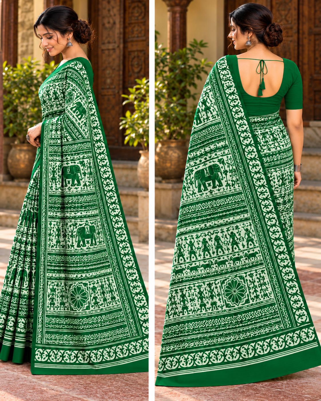 Light Green & White Utsav Kalamkari Elephant Saree, view 7 of 7