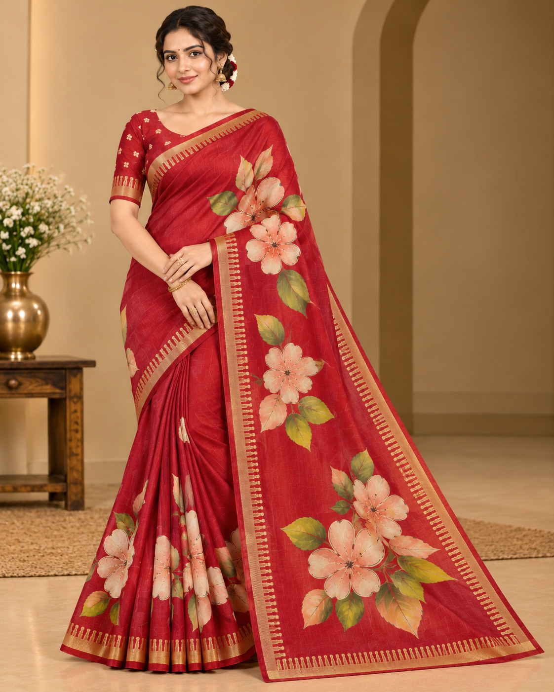 Cherry Red Festive Bloom Saree with Zari Border, view 9 of 11