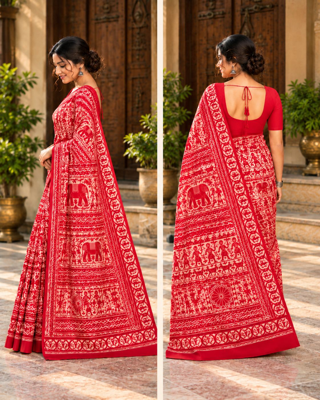 Red & White Utsav Kalamkari Elephant Saree, view 8 of 8