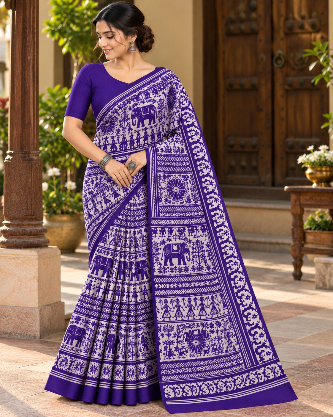 Purple & White Utsav Kalamkari Elephant Saree, view 6 of 7