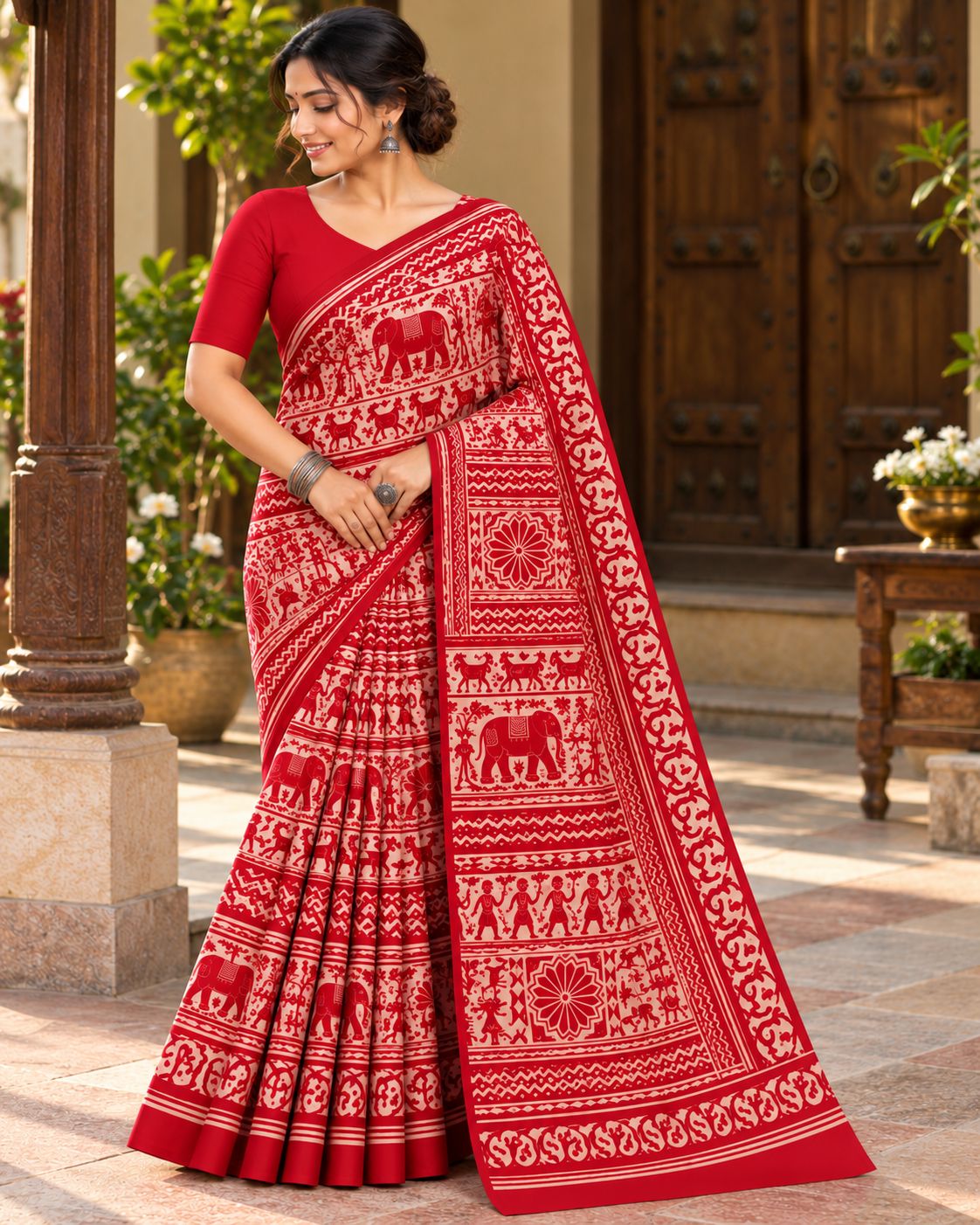 Red & White Utsav Kalamkari Elephant Saree, view 6 of 8