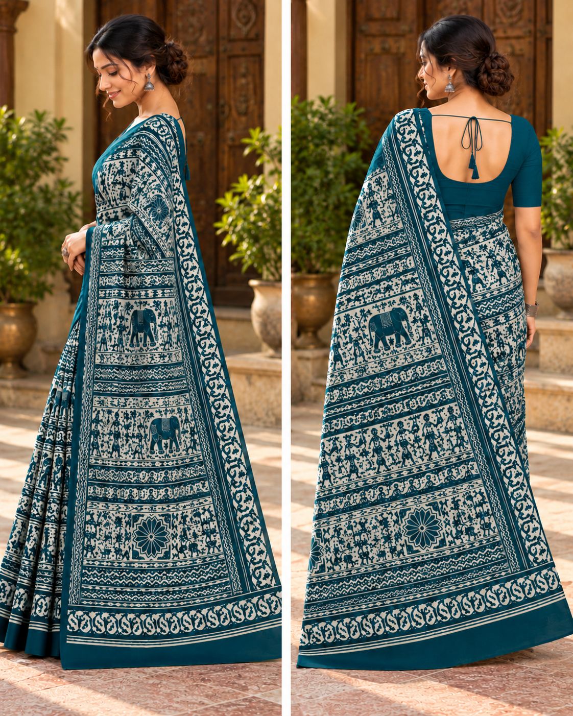 Dark Teal & White Utsav Kalamkari Elephant Saree, view 7 of 8