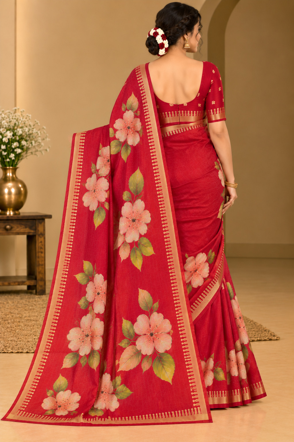 Cherry Red Festive Bloom Saree with Zari Border, view 8 of 11