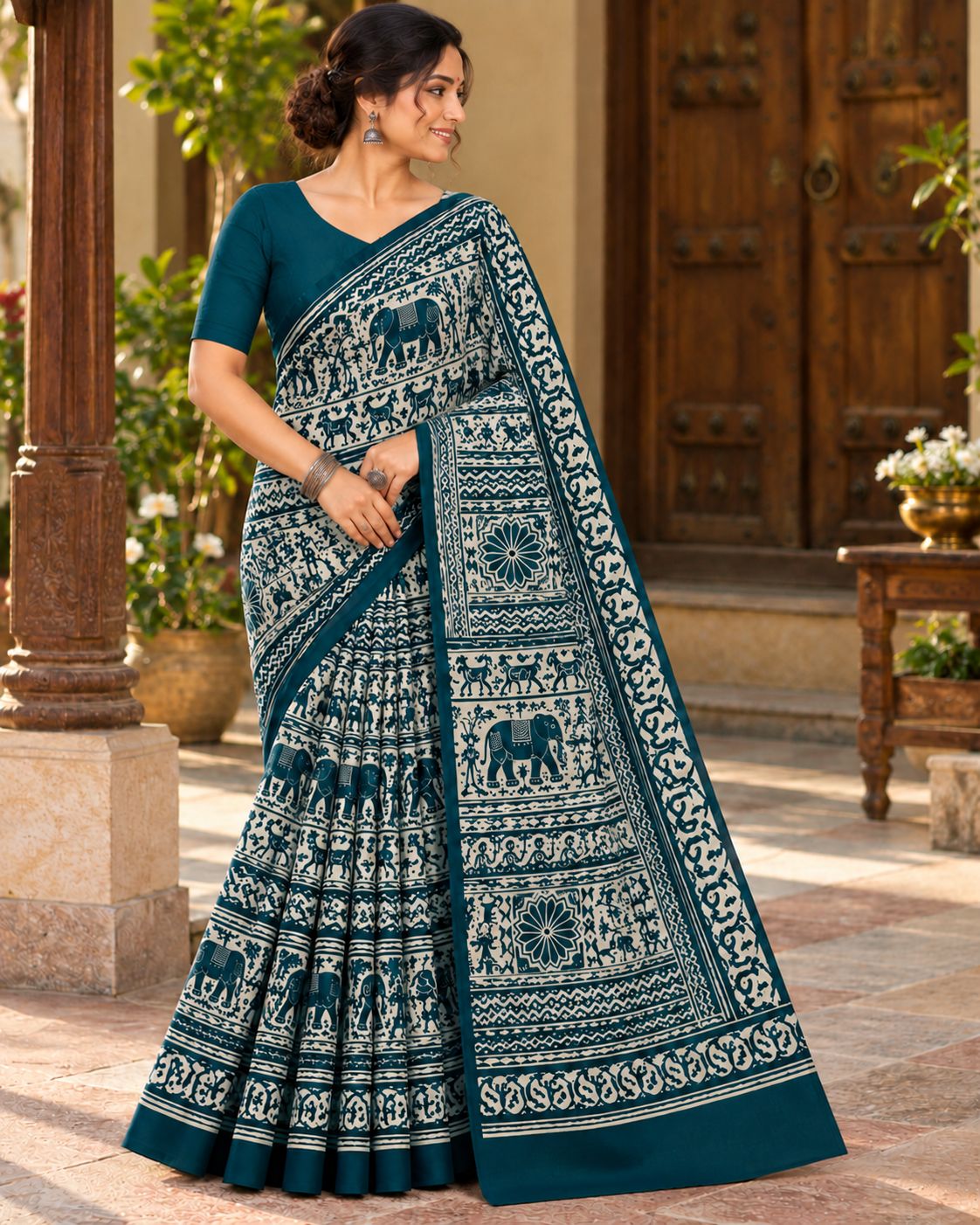 Dark Teal & White Utsav Kalamkari Elephant Saree, view 6 of 8