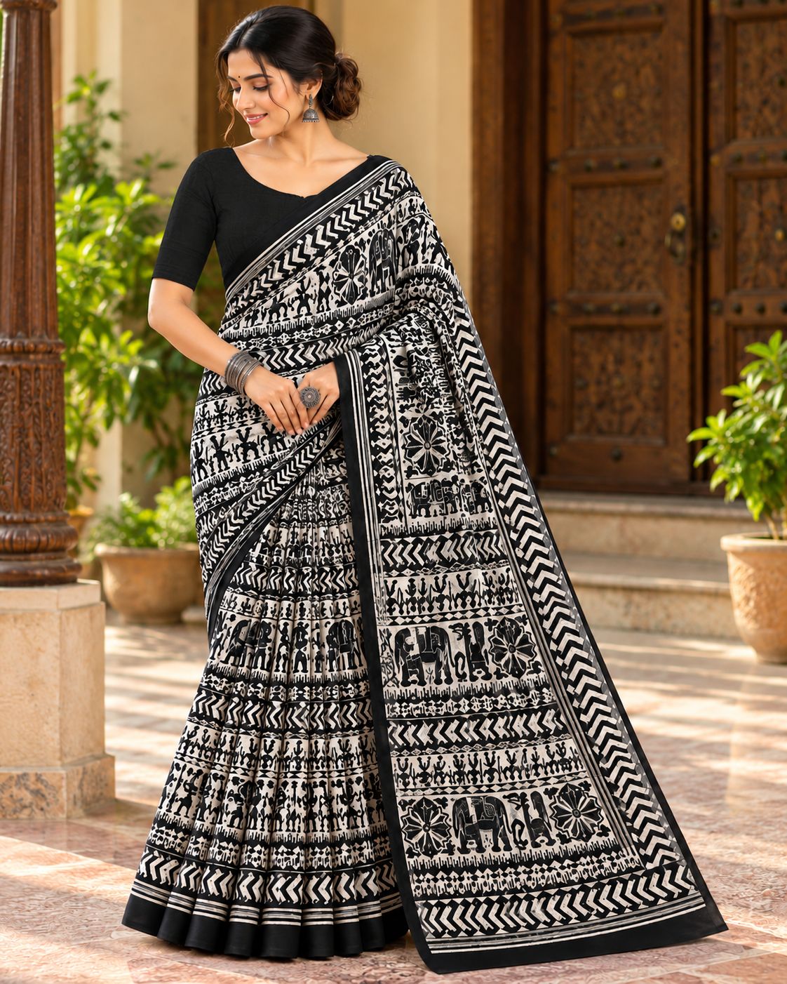 Black & White Utsav Kalamkari Elephant Saree, view 6 of 7