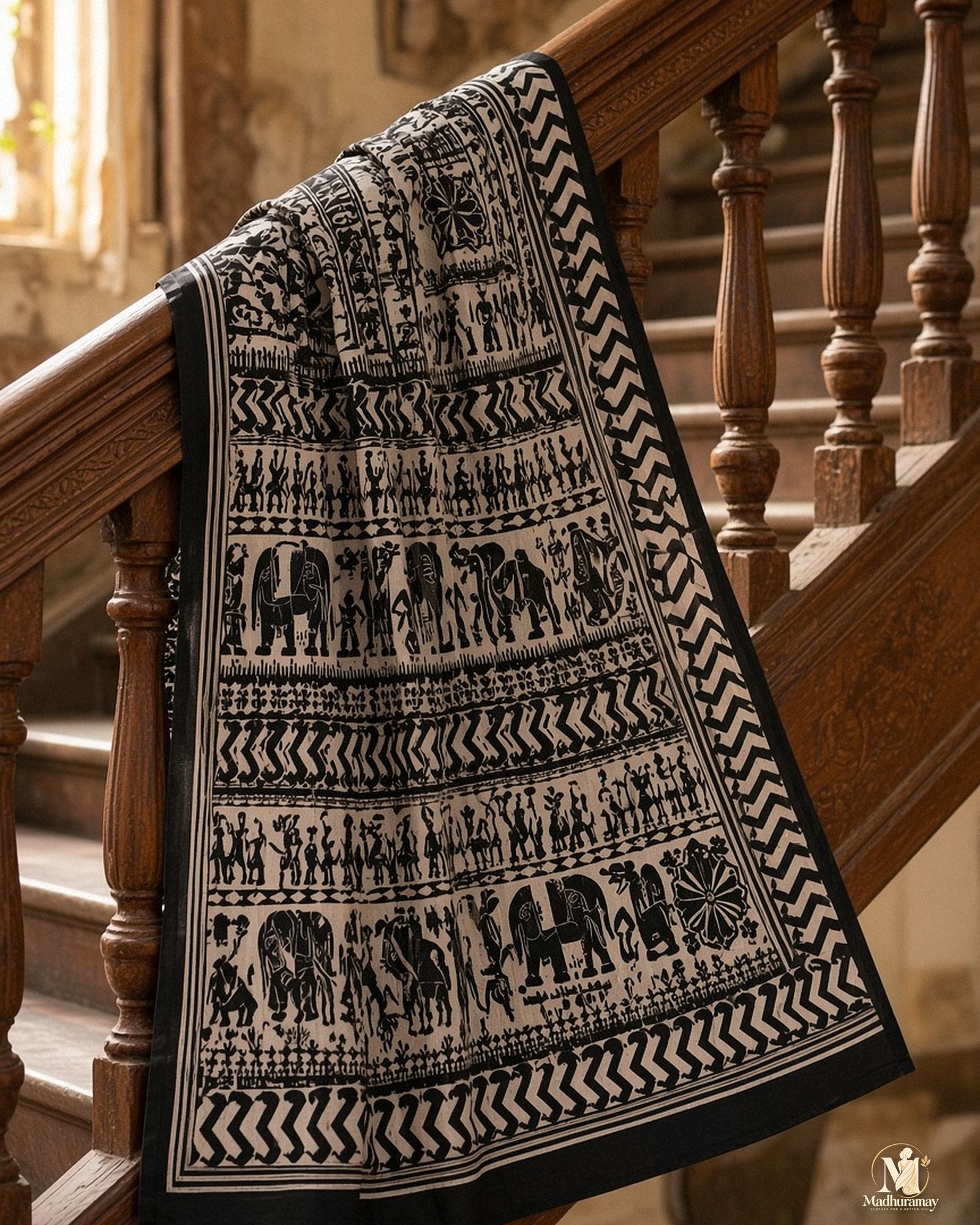 Black & White Utsav Kalamkari Elephant Saree, view 5 of 7