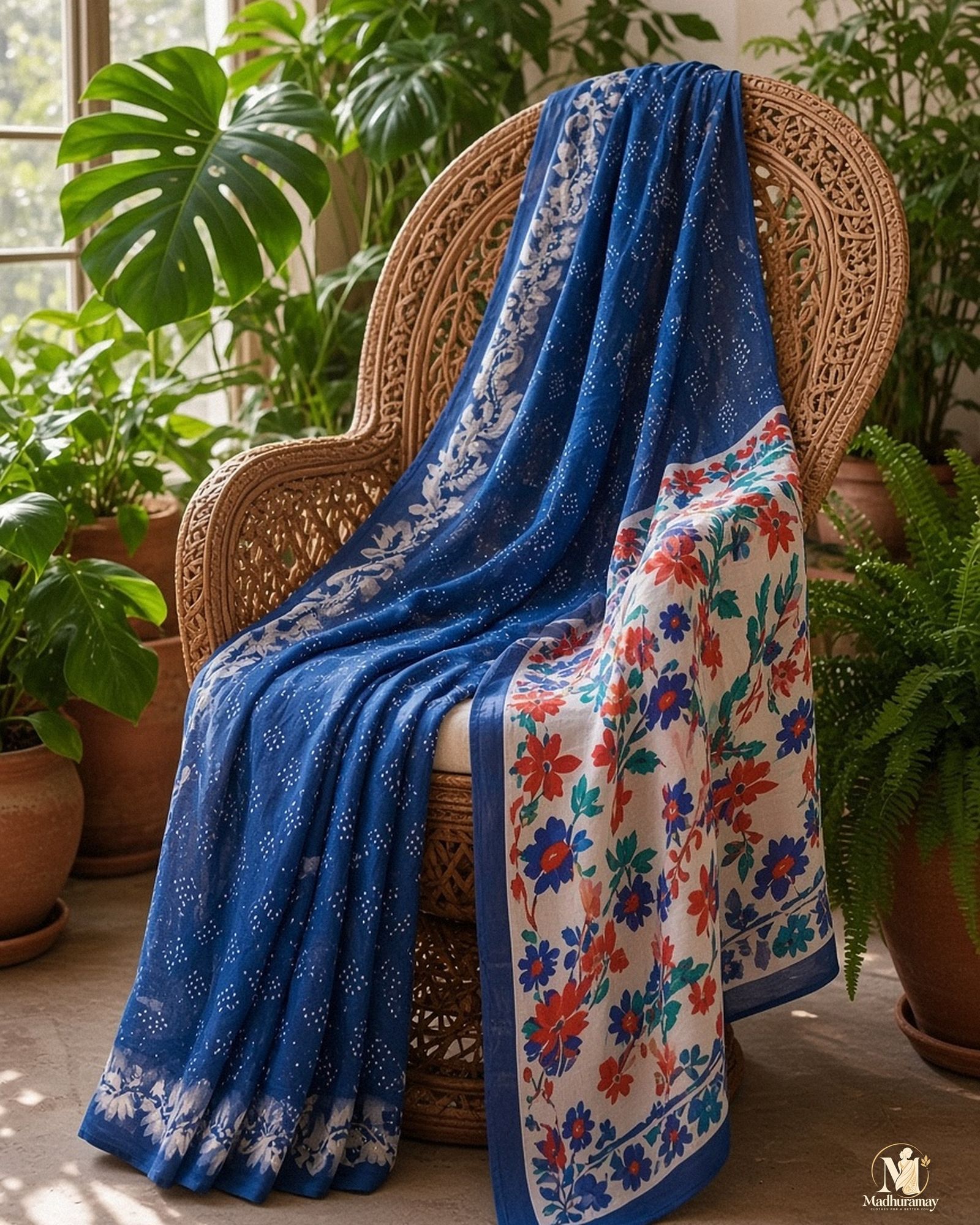 Royal Blue Floral Festive Saree with Printed Pallu, view 3 of 5