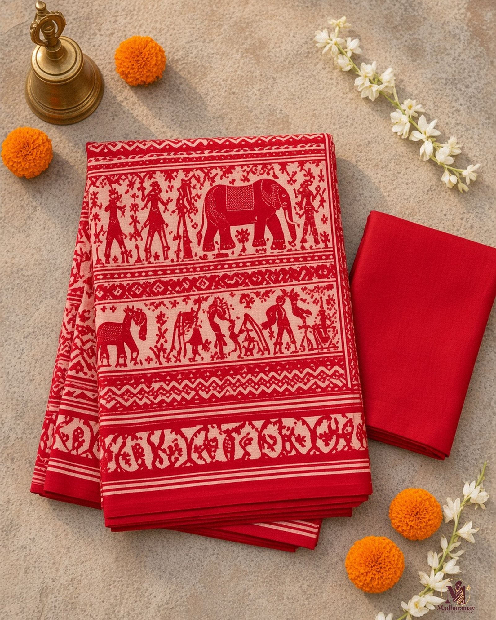 Red & White Utsav Kalamkari Elephant Saree, view 3 of 8