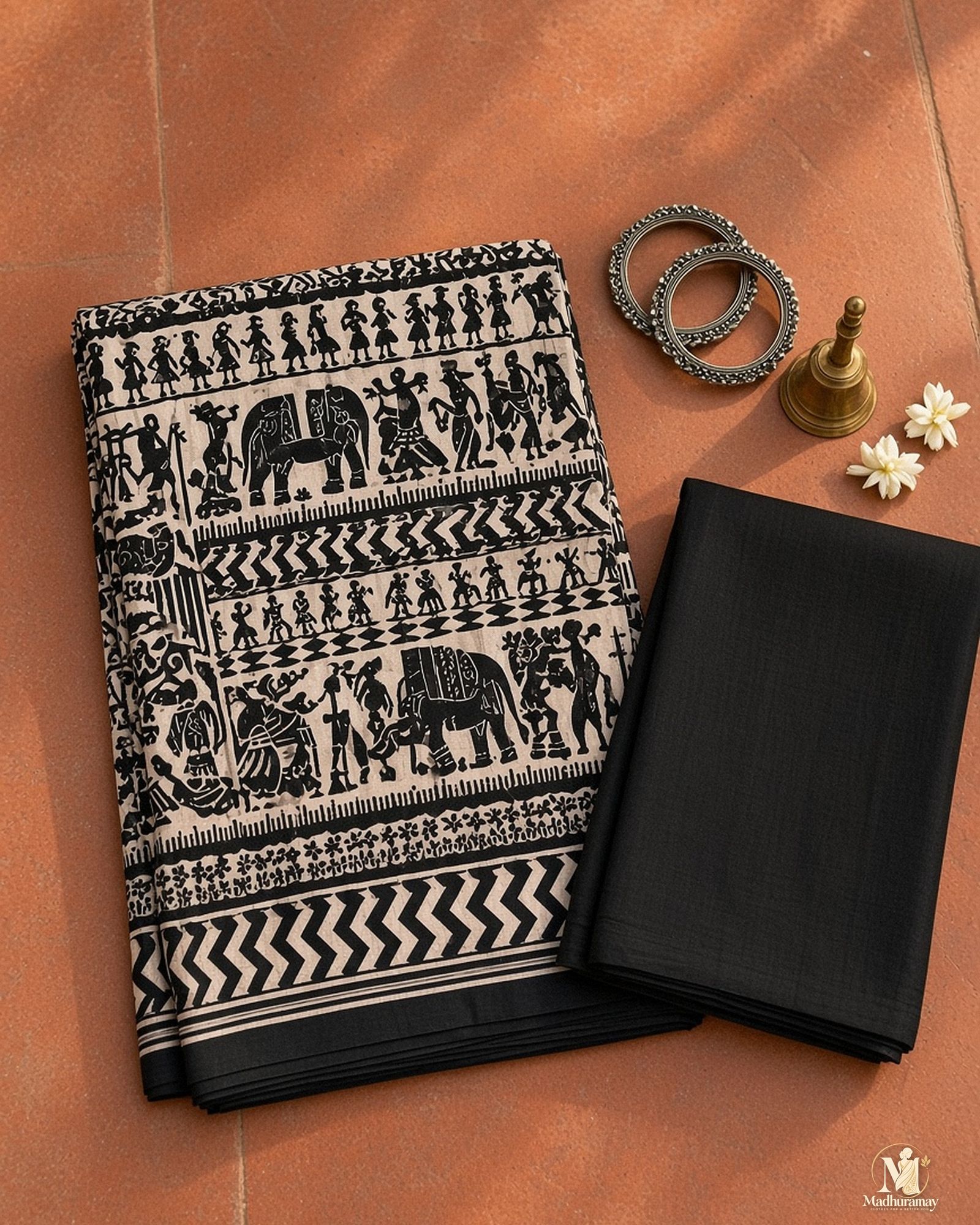 Black & White Utsav Kalamkari Elephant Saree, view 3 of 7