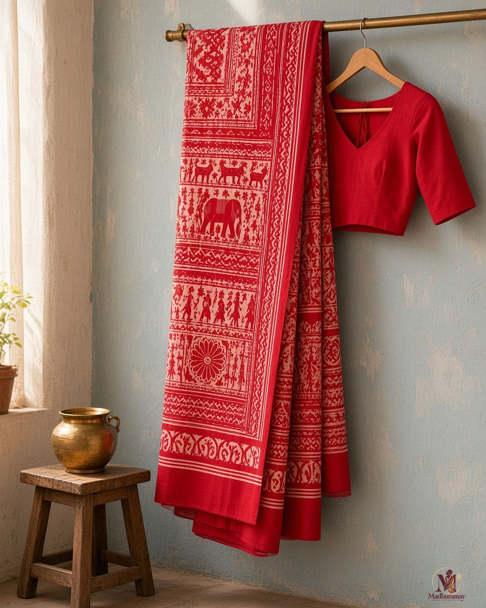 Red & White Utsav Kalamkari Elephant Saree, view 2 of 8