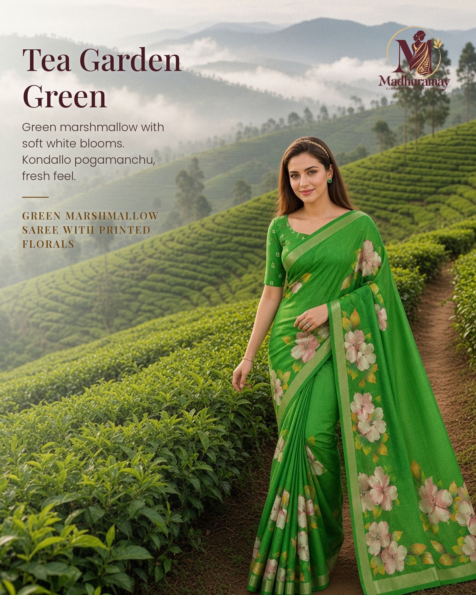 Green Festive Bloom Saree with Zari Border, view 1 of 7