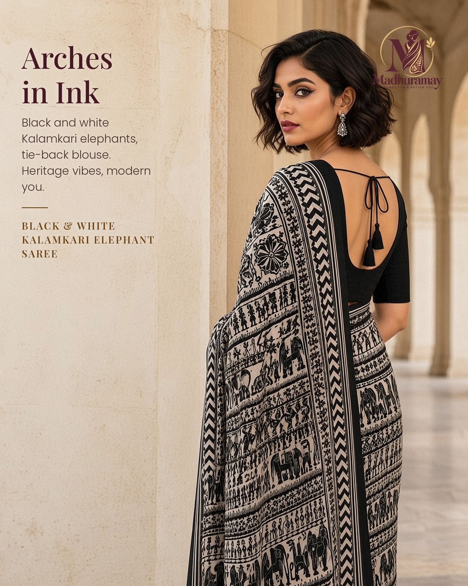 Black & White Utsav Kalamkari Elephant Saree, view 1 of 7