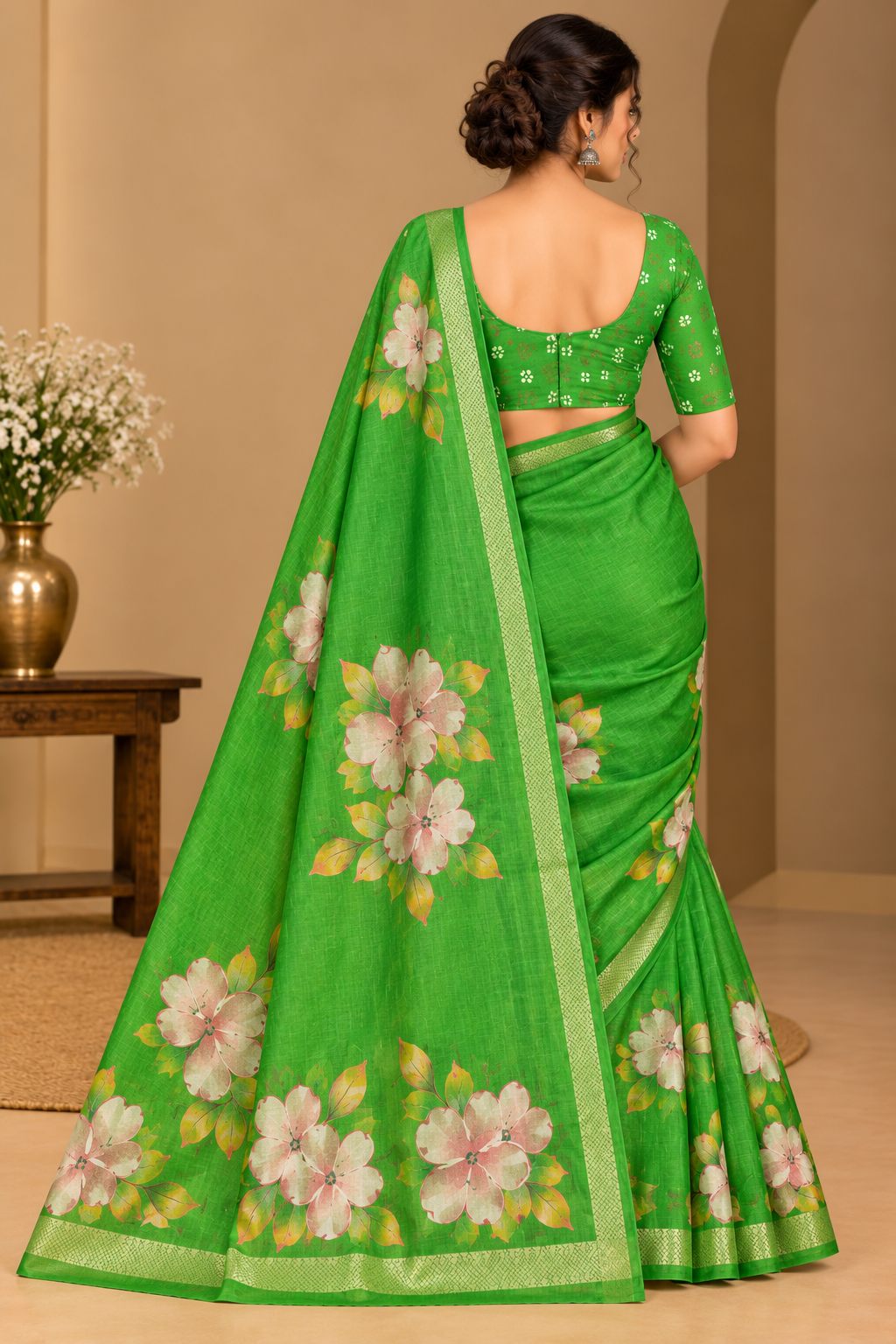 Green Festive Bloom Saree with Zari Border, view 7 of 7
