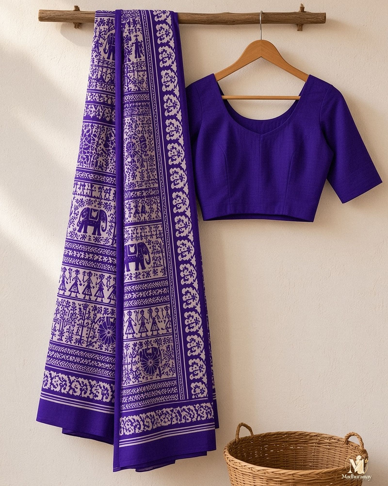 Purple & White Utsav Kalamkari Elephant Saree, view 2 of 7