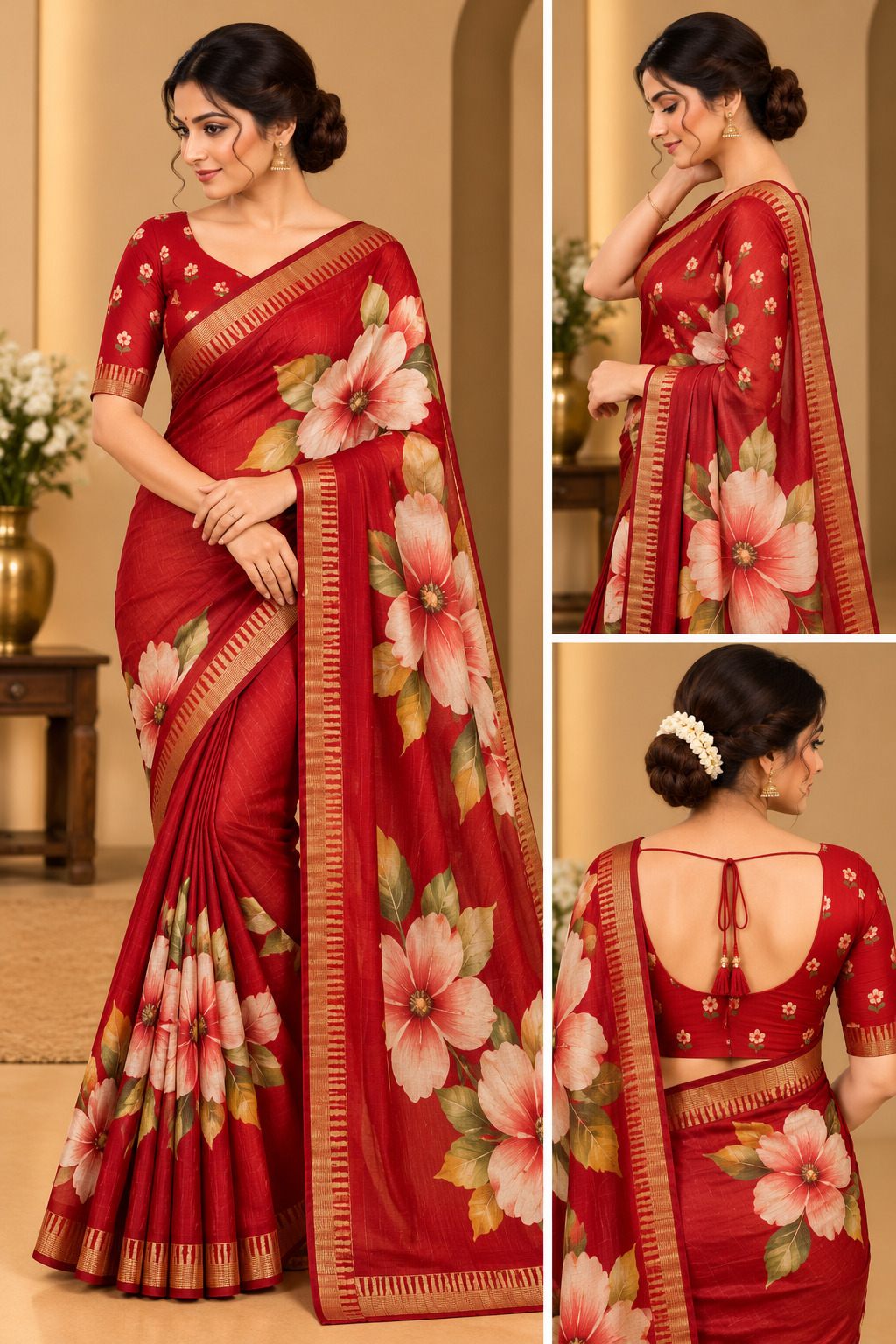 Cherry Red Festive Bloom Saree with Zari Border, view 6 of 11