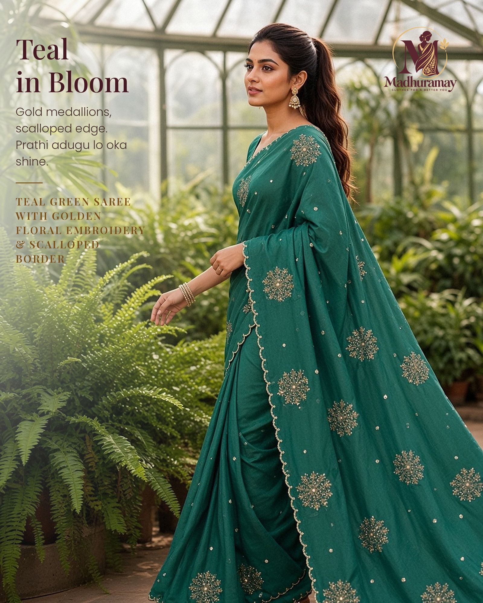Teal Green Golden Blossom Festive Saree with Scalloped Border, view 1 of 4