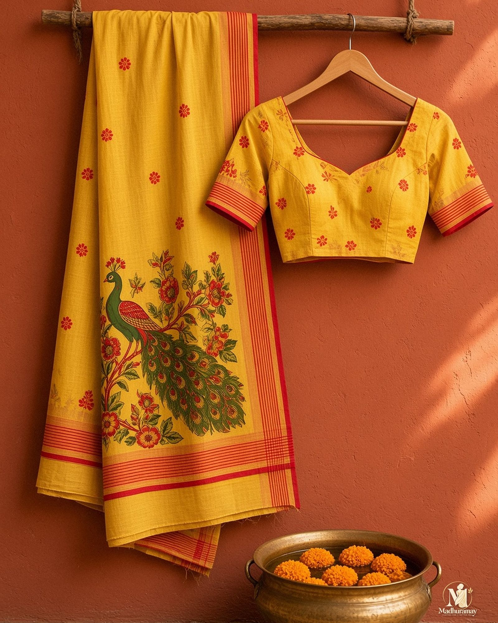 Mustard Yellow Peacock Pallu Festive Saree, view 2 of 8