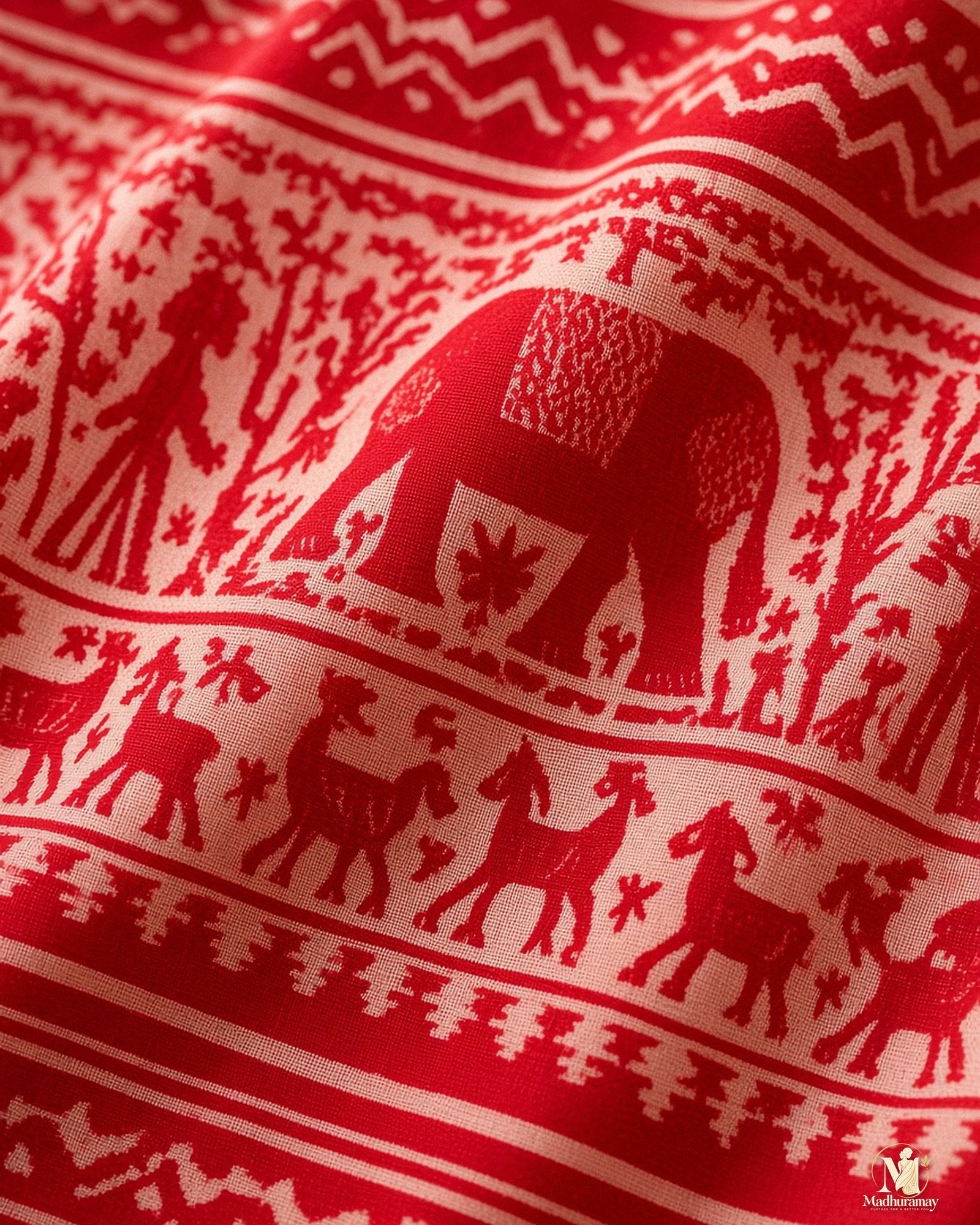 Red & White Utsav Kalamkari Elephant Saree, view 4 of 8