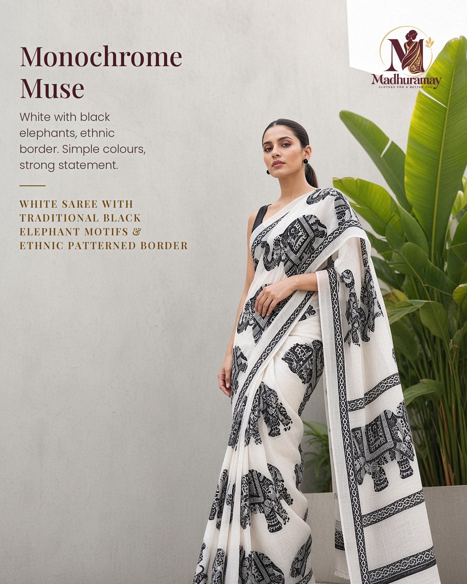 White & Black Elephant Motif Festive Saree