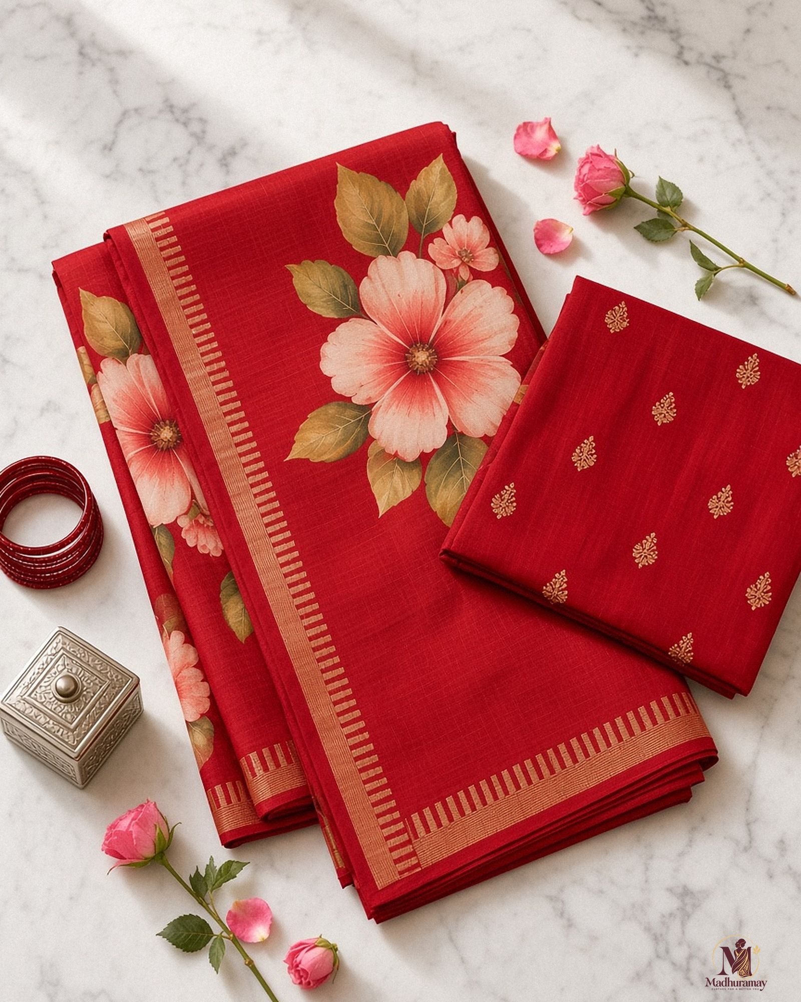 Cherry Red Festive Bloom Saree with Zari Border, view 3 of 11