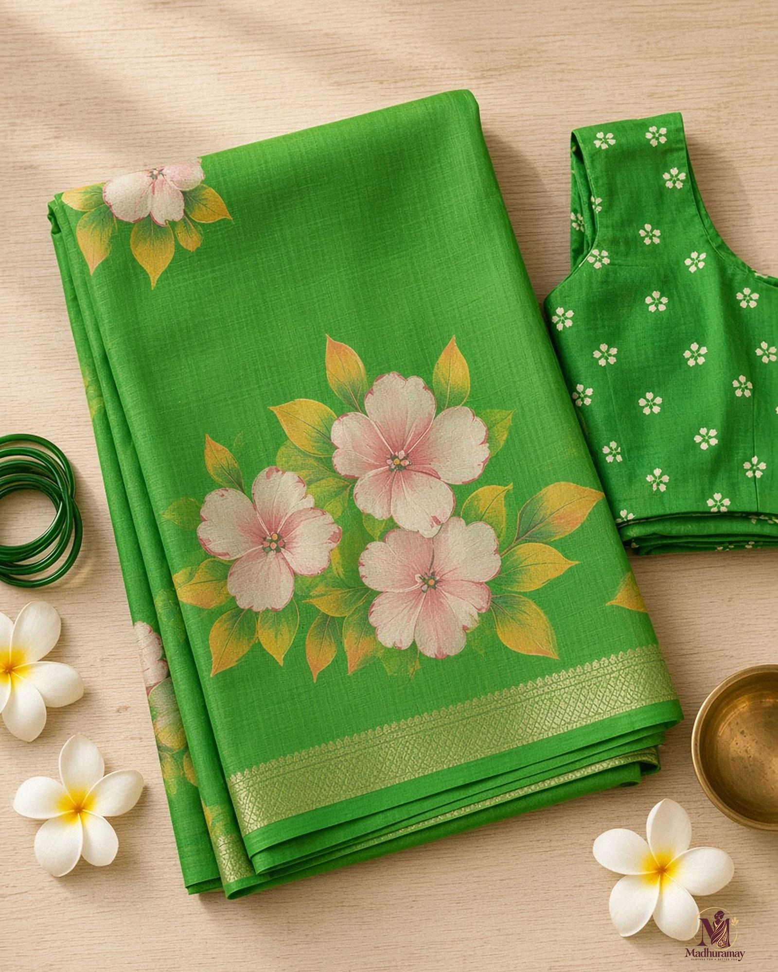 Green Festive Bloom Saree with Zari Border, view 3 of 7