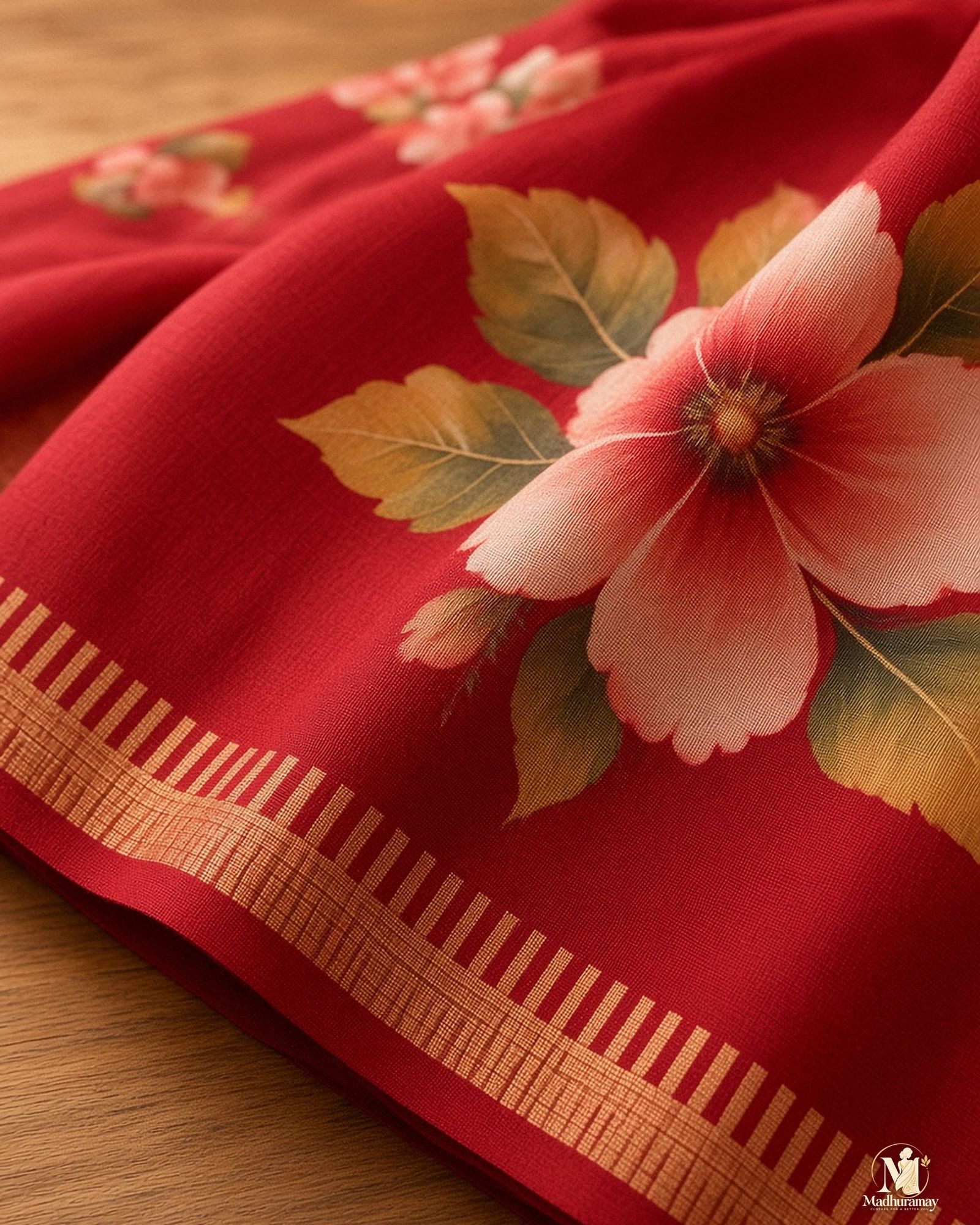 Cherry Red Festive Bloom Saree with Zari Border, view 4 of 11