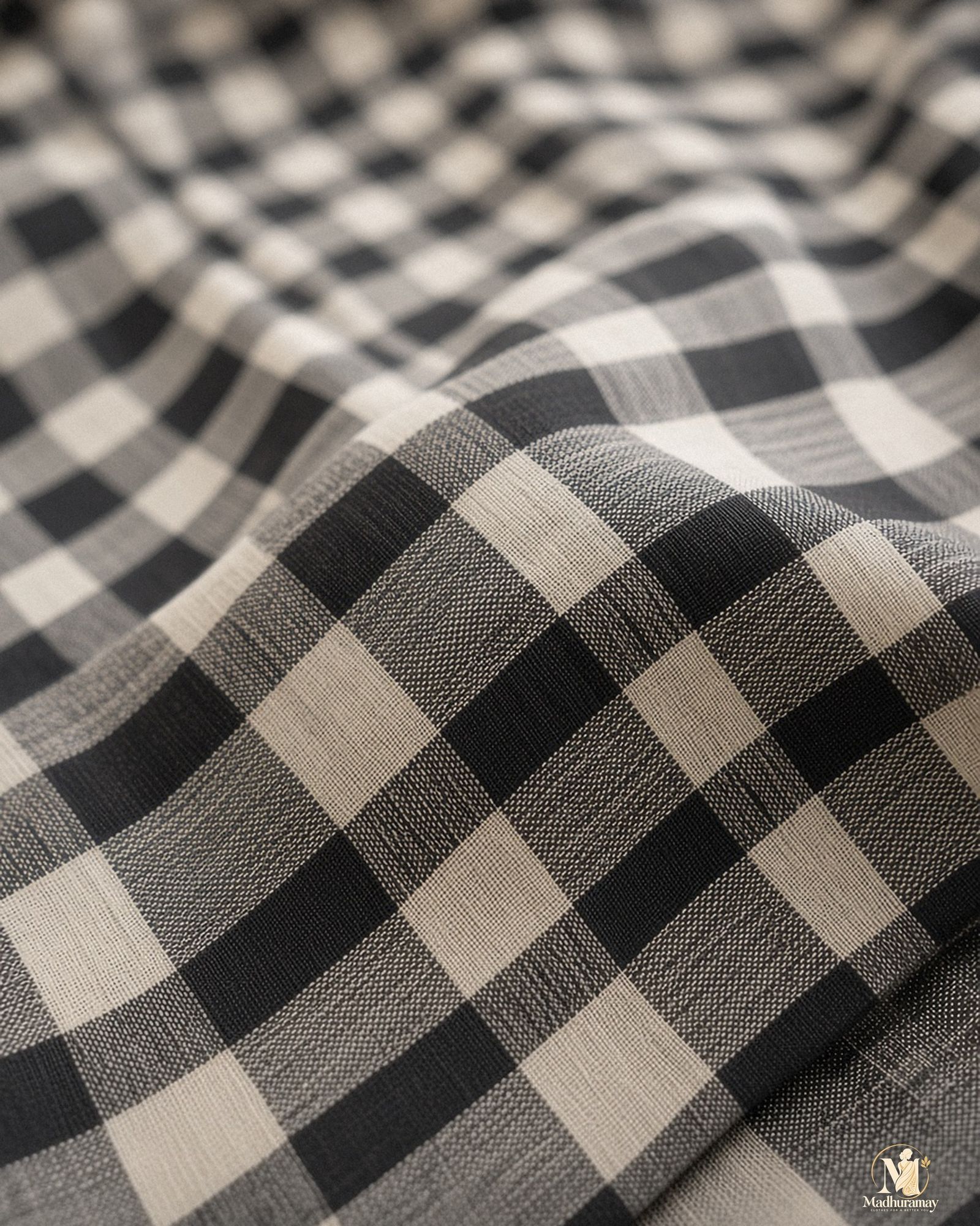 Black & Grey Classic Check Saree with Striped Pallu, view 4 of 9