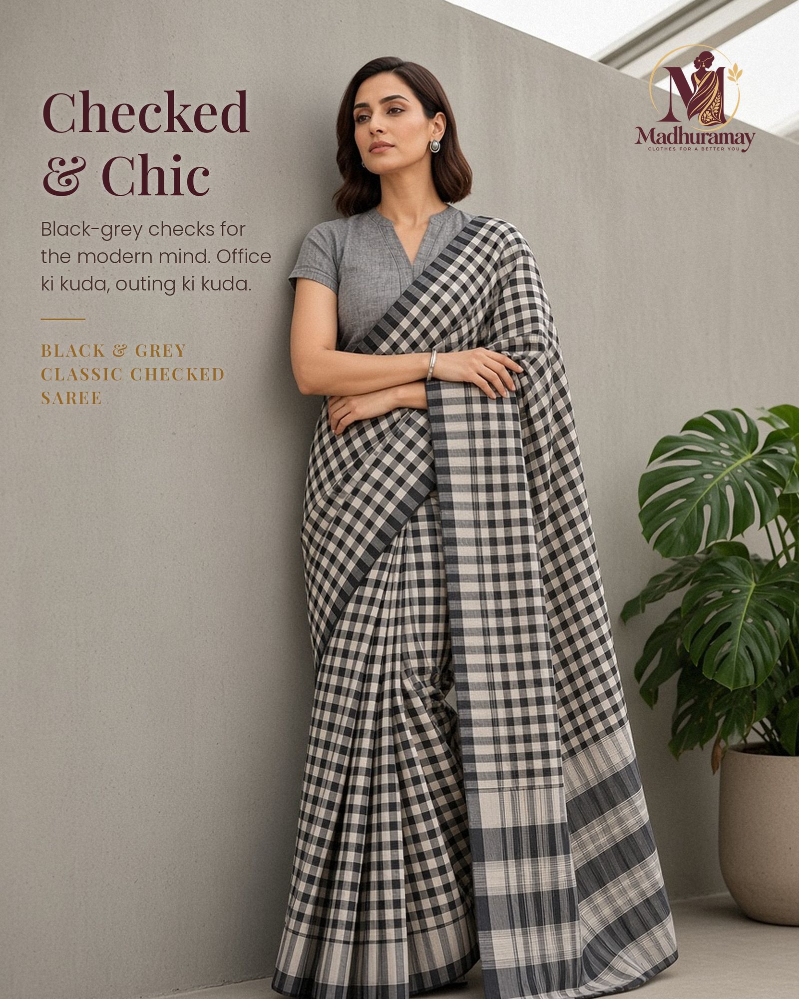 Black & Grey Classic Check Saree with Striped Pallu