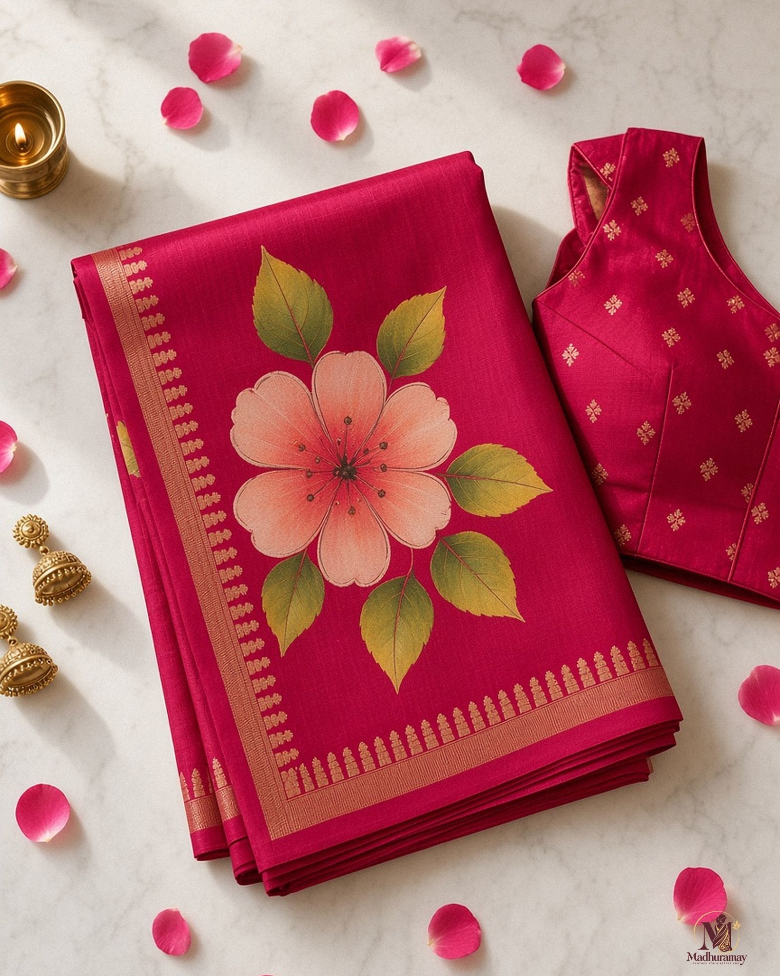 Magenta Pink Festive Bloom Saree with Zari Border, view 3 of 7
