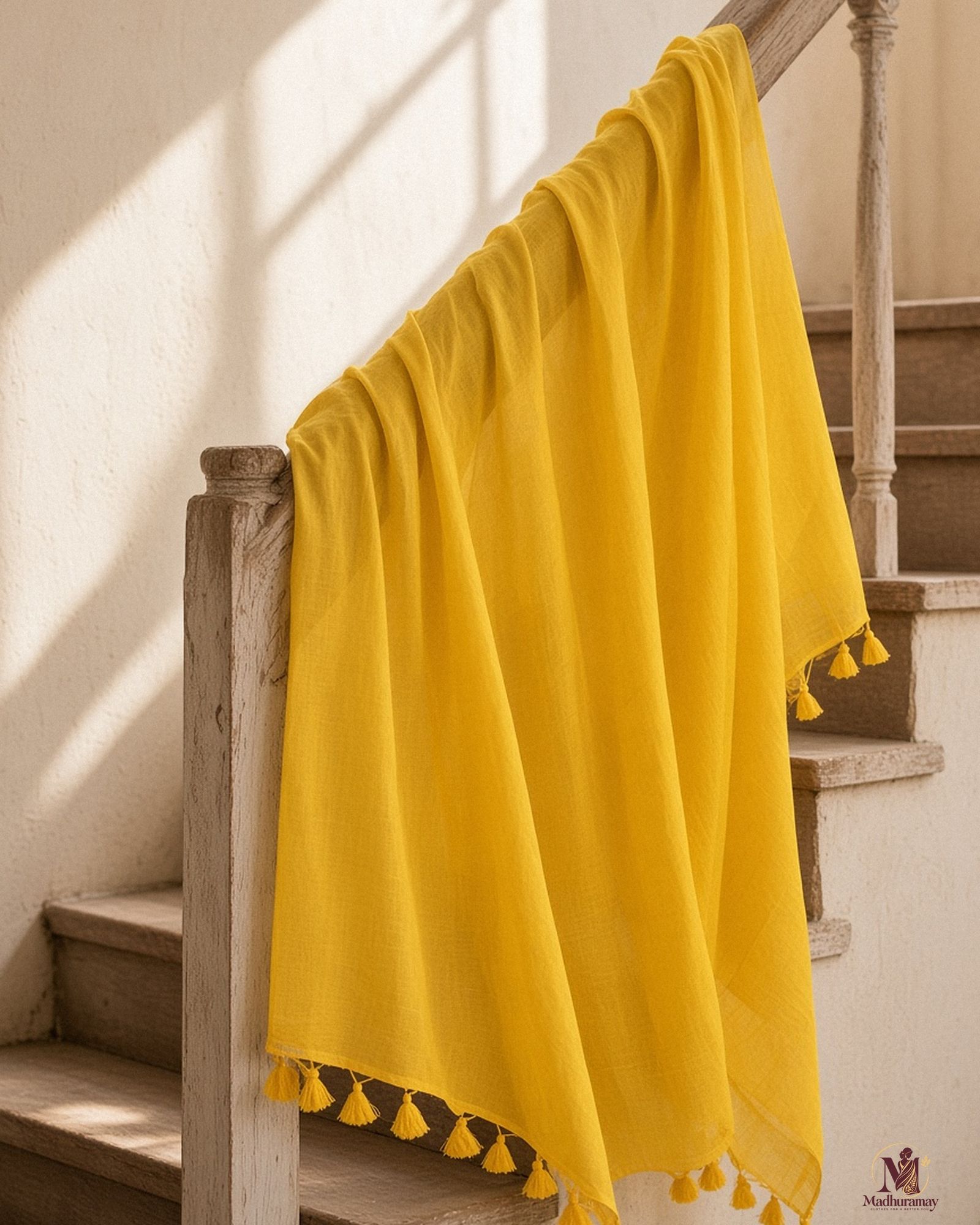 Bright Yellow Tassel Pallu Festive Saree with Floral Blouse, view 5 of 8
