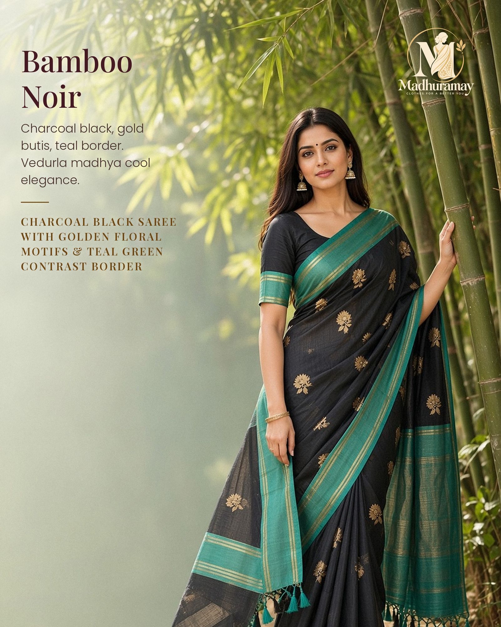 Charcoal Black & Teal Golden Heritage Festive Saree