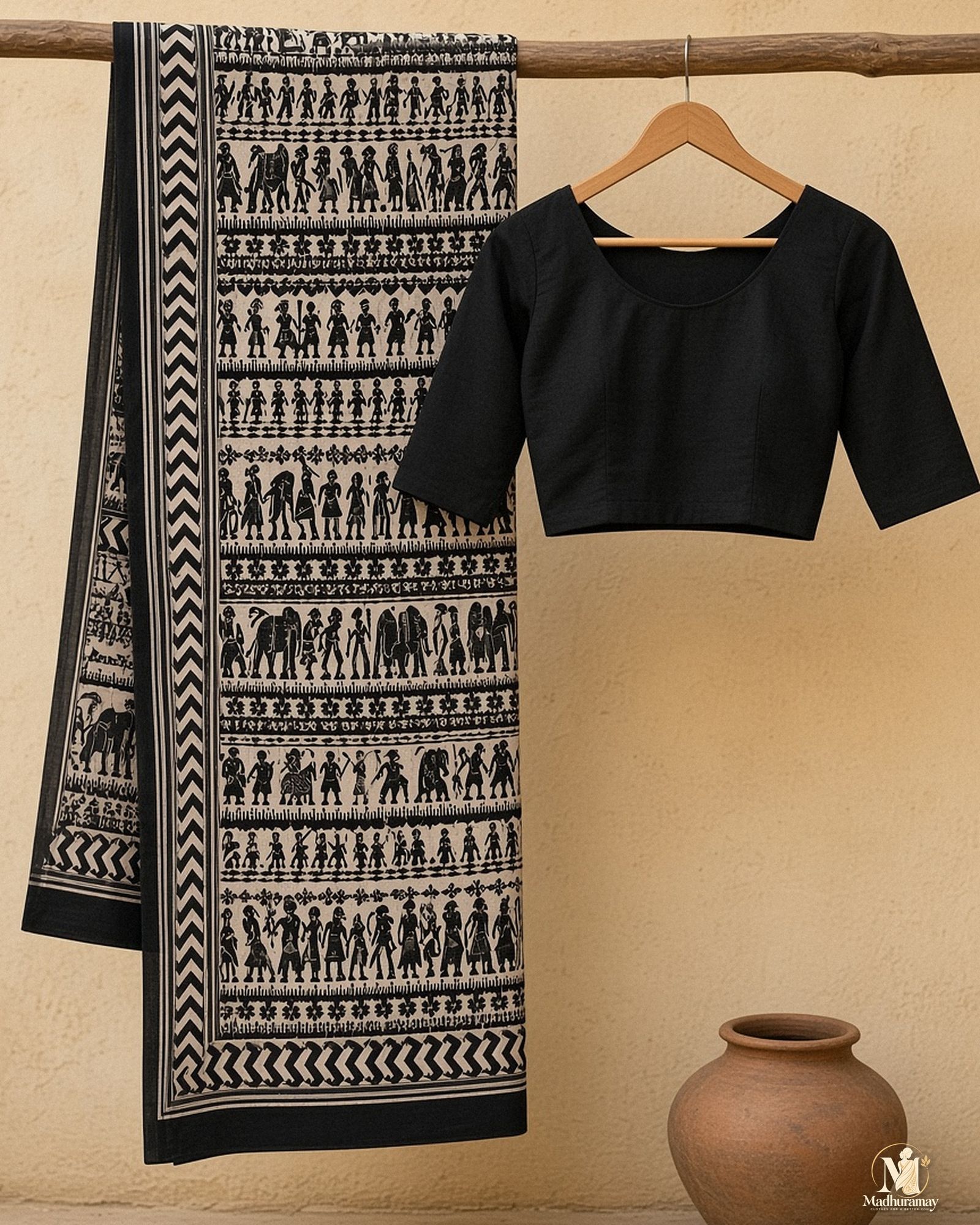 Black & White Utsav Kalamkari Elephant Saree, view 2 of 7