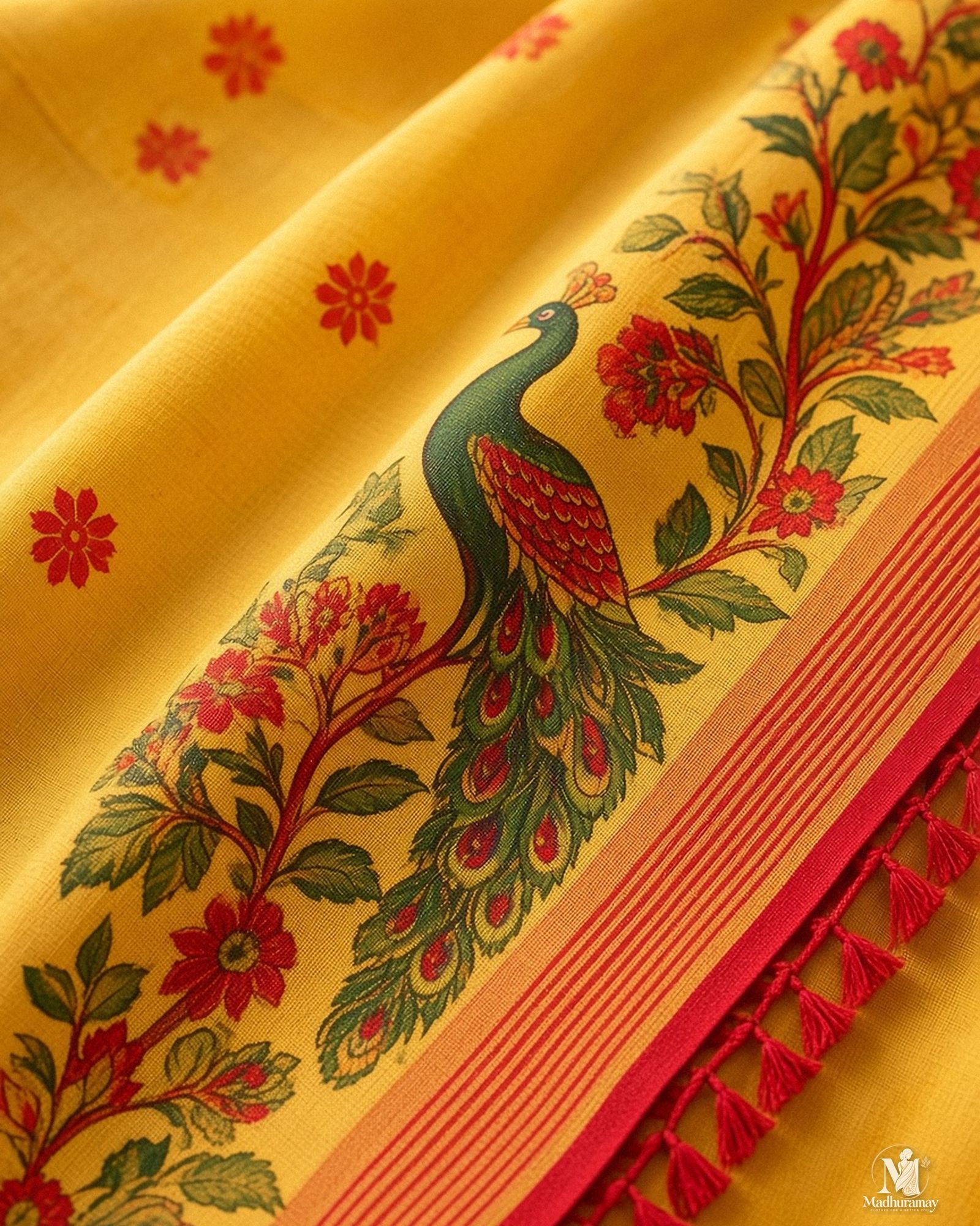 Mustard Yellow Peacock Pallu Festive Saree, view 4 of 8